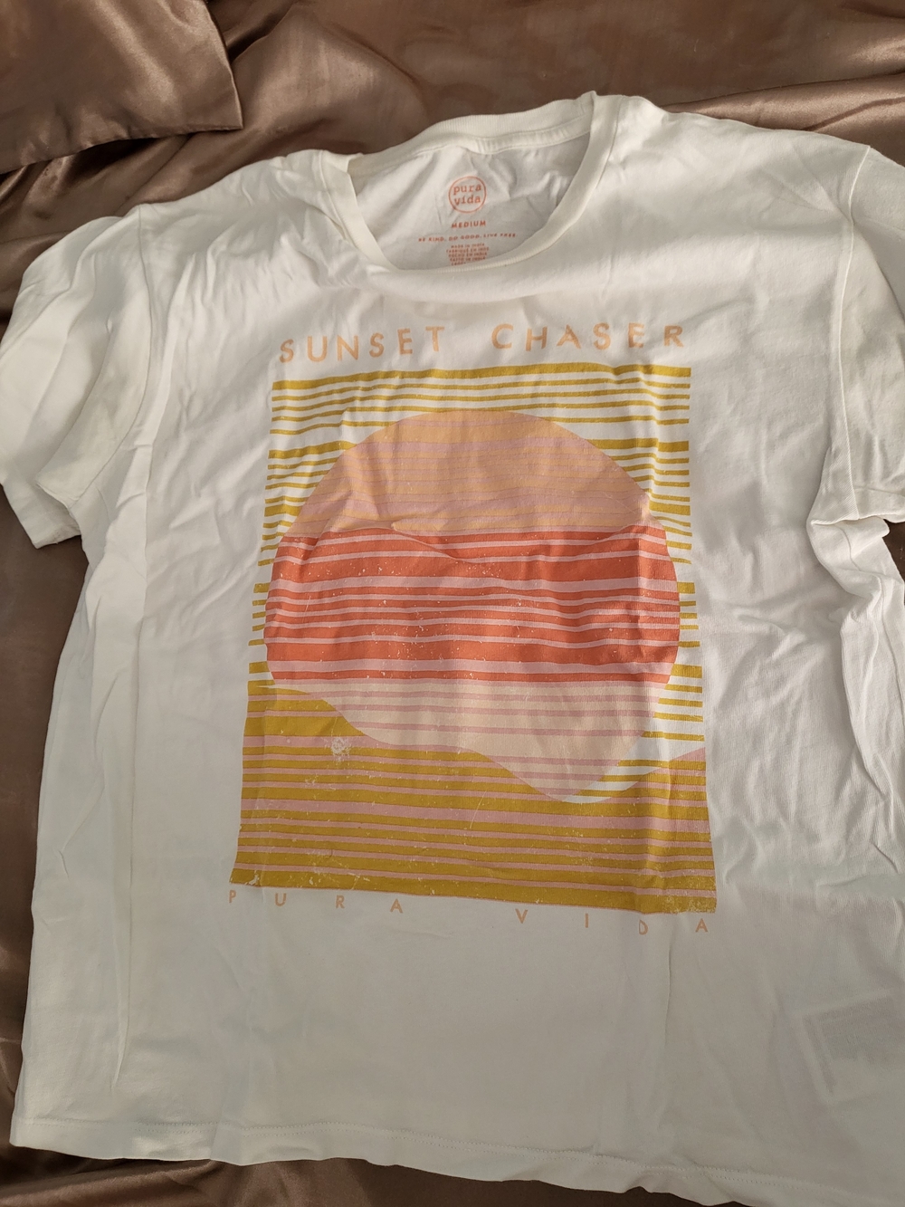 Pura Vida White Tee with Pink, Coral & Yellow Sunset Graphic